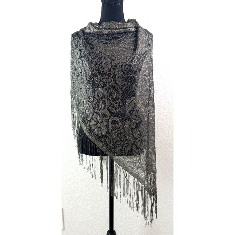 Made in Japan Metallic Lace Shawl Wrap Black Gold Lurex Fringe Evening Scarf